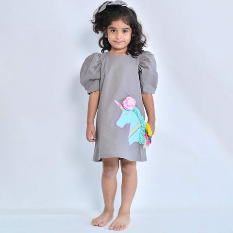 Grey Unicron Embroidered A-Line Cotton Dress